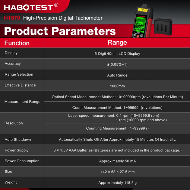 Цифровой тахометр HABOTEST HT670 бесконтактный тестер оборотов в минуту портативный лазерный тахометр - изображение 4