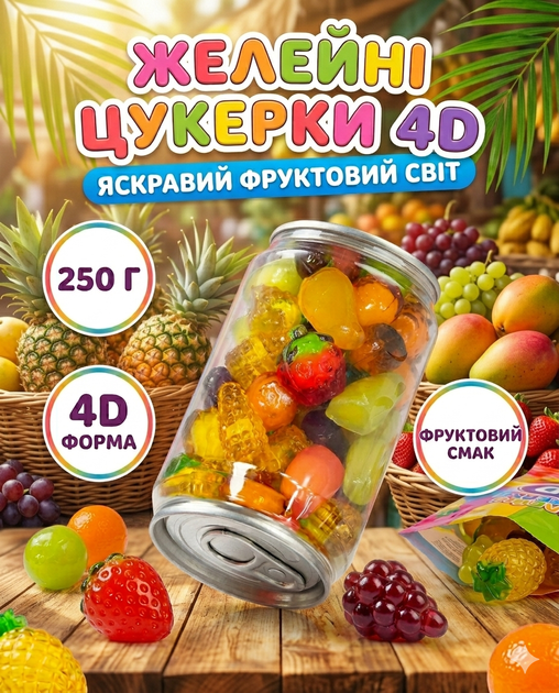 Желейні цукерки 4D 250 г, фруктові асорті, м’які солодощі - Фото 1 Желейні цукерки 4D 250 г, фруктові асорті, м’які солодощі - зображення 1