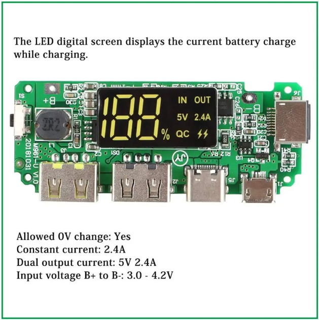Плата повербанка 18650 1S с LCD индикатором заряда 2 USB выхода 5 V 2.4 A с защитой - Фото 3 Плата повербанка 18650 1S с LCD индикатором заряда 2 USB выхода 5 V 2.4 A с защитой - изображение 3