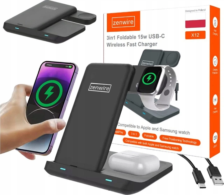 Ładowarka bezprzewodowa Zenwire Foldable X12 3w1 USB-C Qi for Phone, Smartphone, Watch, Headphones TWS Airpods Buds Black (5904507529734) - obraz 2