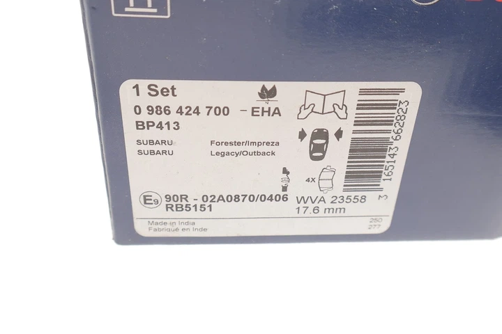 Колодки гальмові BOSCH 0986424700 Subaru Legacy, Impreza, Outback, Forester AY040F1004, 26296AF020, 26296AE220 - зображення 4