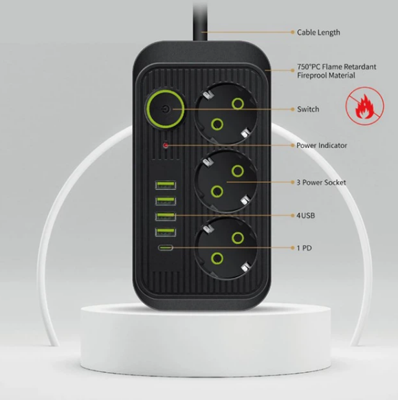 Мережевий фільтр (подовжувач) Power - Socket F09U 3 розетки 4 USB, Type-C 2 дюйми, чорний (3065) - Фото 5 Мережевий фільтр (подовжувач) Power - Socket F09U 3 розетки 4 USB, Type-C 2 дюйми, чорний (3065) - зображення 5