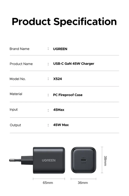 Зарядное устройство UGREEN 45W GaN, USB Type-C (PD 3.0 / PPS / QC 3.0) зарядка - Фото 8 Зарядное устройство UGREEN 45W GaN, USB Type-C (PD 3.0 / PPS / QC 3.0) зарядка - изображение 8