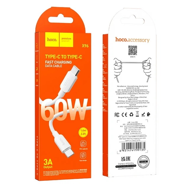 Кабель Hoco X96 Hyper 60 W 1 м Type-C к Type-C белый для быстрой зарядки и передачи данных - изображение 2