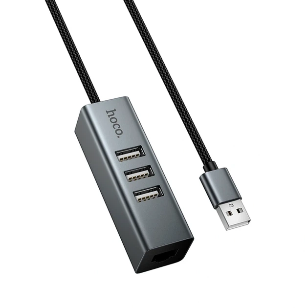 USB-хаб Hoco HB1D 4 в 1 сірий три USB 2.0 RJ45 для ноутбука та комп'ютера алюмінієвий сплав довжина кабелю 1 м - Фото 1 USB-хаб Hoco HB1D 4 в 1 сірий три USB 2.0 RJ45 для ноутбука та комп'ютера алюмінієвий сплав довжина кабелю 1 м - зображення 1