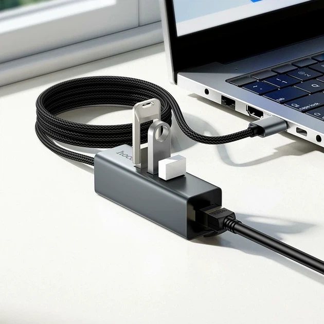 USB-хаб Hoco HB1D 4 в 1 сірий три USB 2.0 RJ45 для ноутбука та комп'ютера алюмінієвий сплав довжина кабелю 1 м - Фото 3 USB-хаб Hoco HB1D 4 в 1 сірий три USB 2.0 RJ45 для ноутбука та комп'ютера алюмінієвий сплав довжина кабелю 1 м - зображення 3