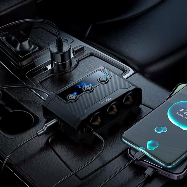 АЗУ Hoco Z64 Anshun 240W 3 гнезда прикуривателя 4 USB порта черный термостойкий материал - изображение 3