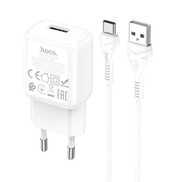 Мережевий зарядний пристрій Hoco C96A 5V 2.1A Micro USB 1 порт білий вогнетривкий PC ABS - зображення 7