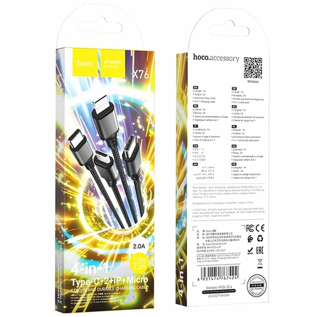Кабель USB Hoco X76 4 в 1 2A длина 1м Micro USB Lightning Type-C черный ABS пластик - Фото 2 Кабель USB Hoco X76 4 в 1 2A длина 1м Micro USB Lightning Type-C черный ABS пластик - изображение 2