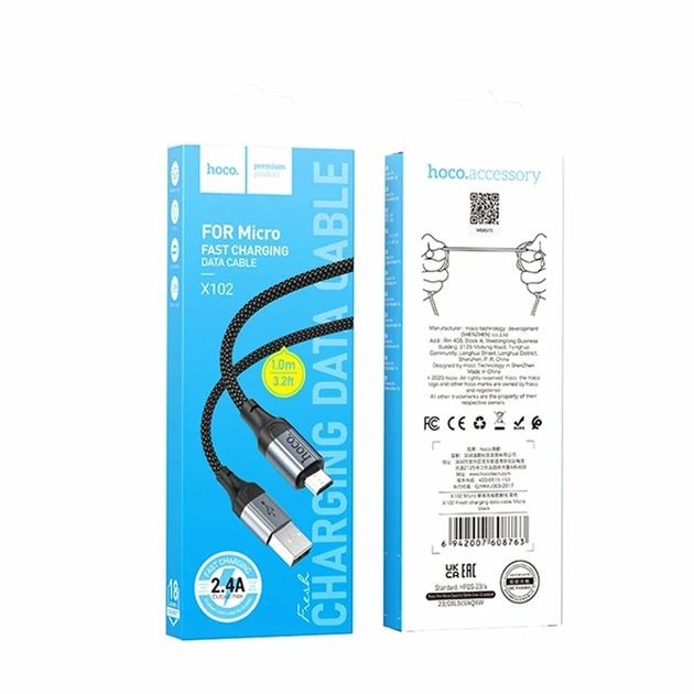Кабель USB Micro 2.4A 1м чорний нейлон Hoco X102 для заряджання та передачі даних - зображення 2