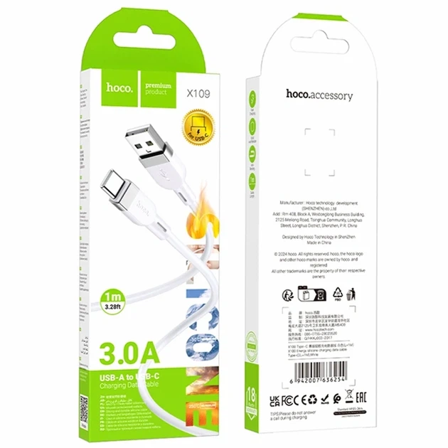 Кабель USB Type-C 3A 1м силіконовий білий Hoco X109 для заряджання та передачі даних - зображення 2