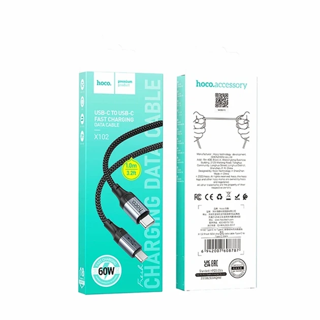 Кабель USB Type-C to Type-C 60W 1м 3A черный Hoco X102 для зарядки ноутбуков и смартфонов - Фото 2 Кабель USB Type-C to Type-C 60W 1м 3A черный Hoco X102 для зарядки ноутбуков и смартфонов - изображение 2