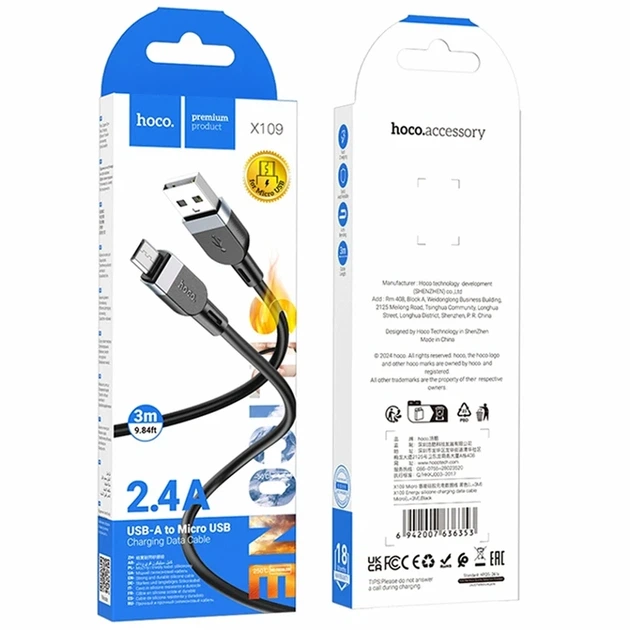 Кабель USB Hoco X109 Micro 2.4A 3м черный силиконовый для зарядки и передачи данных - Фото 2 Кабель USB Hoco X109 Micro 2.4A 3м черный силиконовый для зарядки и передачи данных - изображение 2