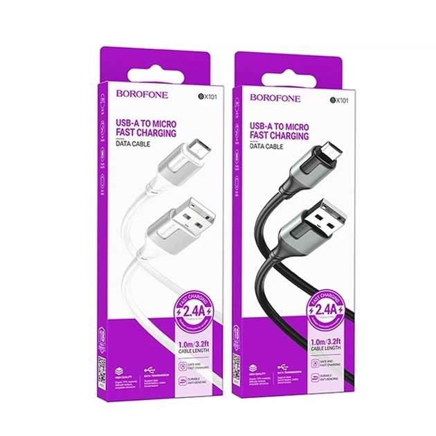Кабель USB Micro-USB 2.4A 100см белый Borofone BX101 для зарядки и передачи данных из ABS пластика - Фото 2 Кабель USB Micro-USB 2.4A 100см белый Borofone BX101 для зарядки и передачи данных из ABS пластика - изображение 2