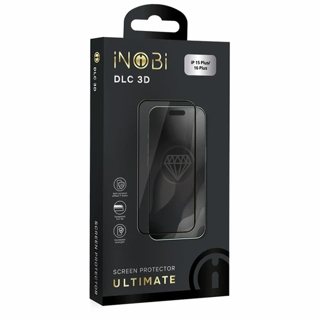 Защитное стекло iNOBI Ultimate DLC 3D черный для iPhone 15 Plus 16 Plus с олеофобным покрытием и защитой от царапин - изображение 2