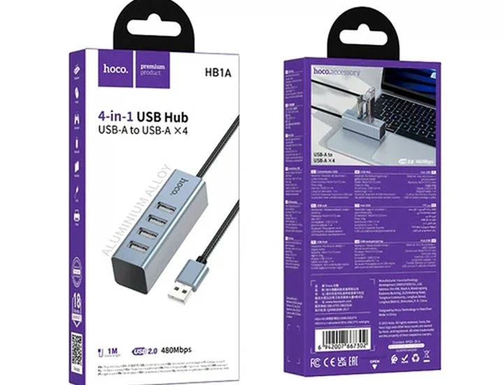 USB-хаб Hoco HB1A 4 порти USB 2.0 швидкість до 480 Мбіт/с алюмінієвий сірий для ноутбуків та комп'ютерів - зображення 2