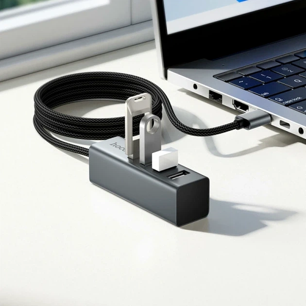 USB-хаб Hoco HB1A 4 порти USB 2.0 швидкість до 480 Мбіт/с алюмінієвий сірий для ноутбуків та комп'ютерів - зображення 3