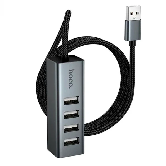 USB-хаб Hoco HB1A 4 порти USB 2.0 швидкість до 480 Мбіт/с алюмінієвий сірий для ноутбуків та комп'ютерів - зображення 4