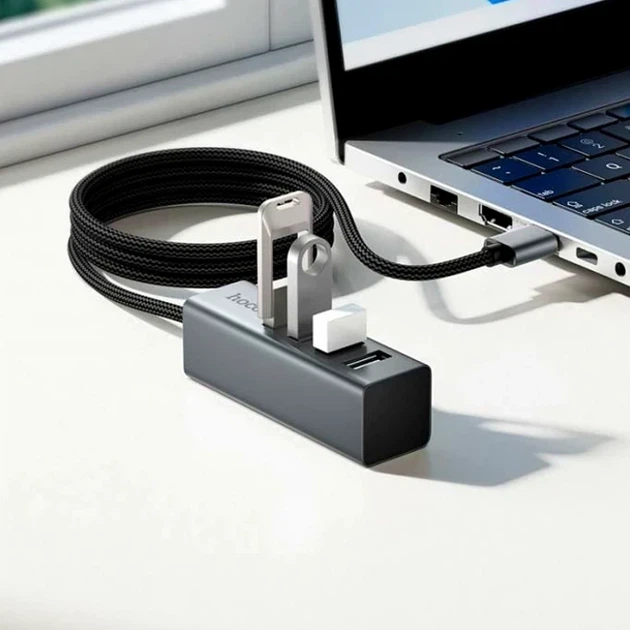 USB-хаб Hoco HB1A 4 порти USB 2.0 швидкість до 480 Мбіт/с алюмінієвий сірий для ноутбуків та комп'ютерів - зображення 6