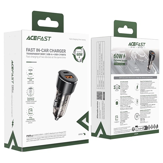 Автомобільний зарядний ACEFAST B12 (USB/Type-C 3A/60W) універсальний автомобільний зарядний пристрій для телефонів планшеїв Чорний - зображення 2