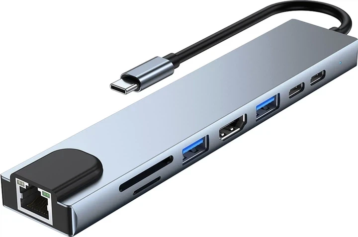 Адаптер Dynamode 8-в-1 USB-C to HDTV 4K/30Hz, RJ45, 1хUSB3.0, 1хUSB2.0, 1хUSB Type-C PD 100W Female (BYL-2017L) - Фото 1 Адаптер Dynamode 8-в-1 USB-C to HDTV 4K/30Hz, RJ45, 1хUSB3.0, 1хUSB2.0, 1хUSB Type-C PD 100W Female (BYL-2017L) - изображение 1