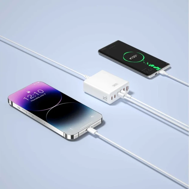 Мережевий зарядний пристрій XO L133 75W GaN, 6 портів (3×USB-C + 3×USB-A), Power Delivery + QC, швидка зарядка, адаптер живлення, білий - Фото 4 Мережевий зарядний пристрій XO L133 75W GaN, 6 портів (3×USB-C + 3×USB-A), Power Delivery + QC, швидка зарядка, адаптер живлення, білий - зображення 4