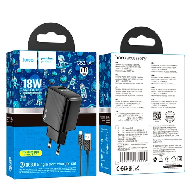 Мережевий зарядний пристрій Hoco CS21A 18W, USB-A, QC3.0, комплект з кабелем Micro-USB 1 м, швидка зарядка, чорний - зображення 2