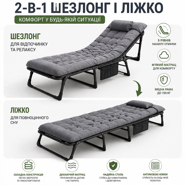 Раскладная кровать-шезлонг с матрасом 190×68×30 см, туристическая раскладушка, регулируемая спинка, до 200 кг - Фото 2 Раскладная кровать-шезлонг с матрасом 190×68×30 см, туристическая раскладушка, регулируемая спинка, до 200 кг - изображение 2