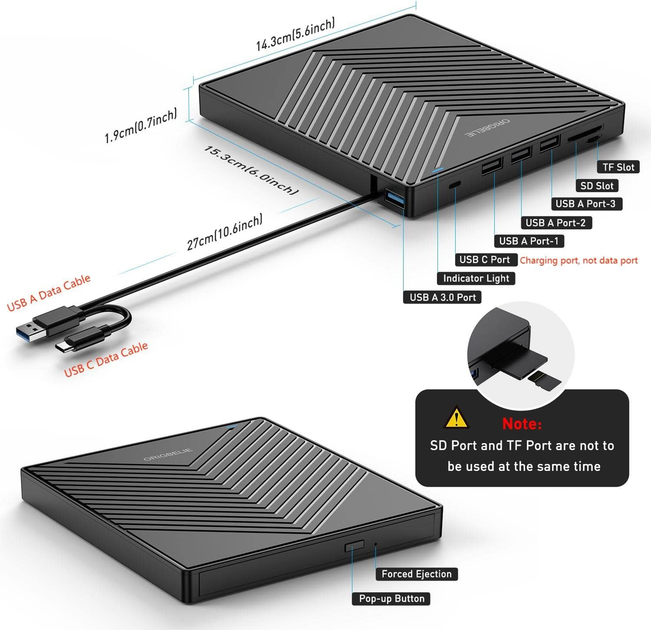 Внешний оптический привод CD/DVD ORIGBELIE USB 3.0 Type-C: CD-RW/DVD-ROM, Hub 8-в-1 (4xUSB, SD/TF), для Mac/Windows/Linux - Фото 7 Внешний оптический привод CD/DVD ORIGBELIE USB 3.0 Type-C: CD-RW/DVD-ROM, Hub 8-в-1 (4xUSB, SD/TF), для Mac/Windows/Linux - изображение 7