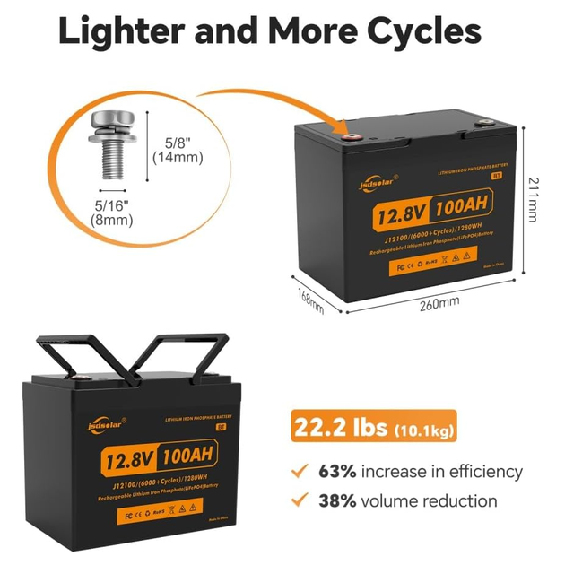 Аккумулятор универсальный JSDSolar LiFePO4 12V 100Ah (1280Wh) с функцией Bluetooth и встроенной BMS, 6000+ жизненных циклов - изображение 7