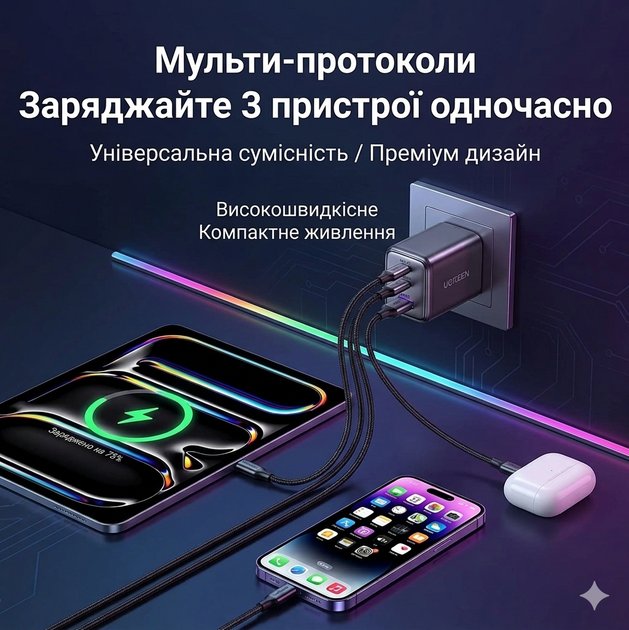 Зарядное устройство UGREEN 30W Fast Charger | 2×USB-C + USB-A | быстрая зарядка PD | для смартфона, планшета, наушников - изображение 2