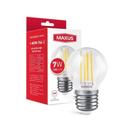 Лампа светодиодная филаментная MAXUS G45 FM 7W 4100K 220V E27 Clear - Фото 1 Лампа светодиодная филаментная MAXUS G45 FM 7W 4100K 220V E27 Clear - изображение 1