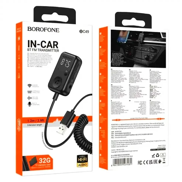 FM модулятор Borofone BC49 с Bluetooth 5.3 AUX USB для автомобиля черный - изображение 9