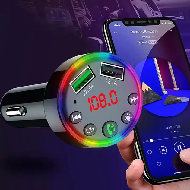 Автомобильный Bluetooth FM-трансмиттер 2 USB 3.1A зарядка для авто CTC-109 LED дисплей RGB подсветка - изображение 2