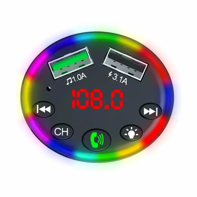 Автомобильный Bluetooth FM-трансмиттер 2 USB 3.1A зарядка для авто CTC-109 LED дисплей RGB подсветка - изображение 4