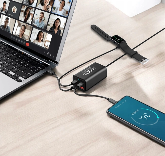 Ładowarka sieciowa Zenwire YMS-608 100W Kostka GaN III Kabel AC 2x USB-C 65W 2x USB-A (5904507529918) - obraz 3