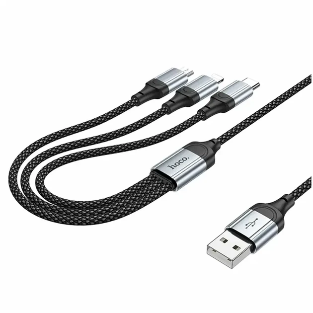 Кабель USB 3 в 1 Lightning Micro-USB Type-C 1м 2,4А HOCO X102 черный для зарядки и передачи данных - изображение 4