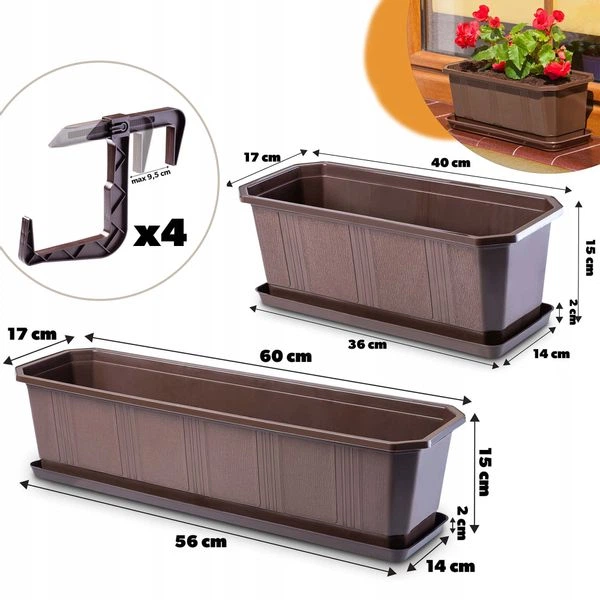 Zestaw skrzynek balkonowych KADAX Oste 60 cm + 40 cm z uchwytami i podstawkami Brązowy (K8217) (5903699475096) - obraz 2