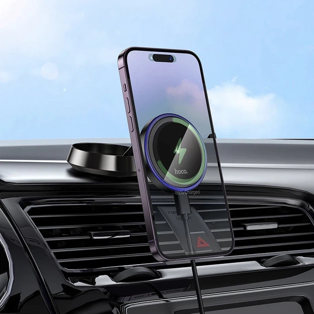 Автодержатель с беспроводной зарядкой MagSafe Hoco HW33 Metal Ring 15W Magnetic Car Holder в авто на торпедо Черный - Фото 7 Автодержатель с беспроводной зарядкой MagSafe Hoco HW33 Metal Ring 15W Magnetic Car Holder в авто на торпедо Черный - изображение 7