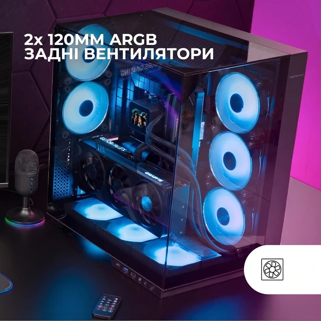 Корпус Mars Gaming MC-3GF / Без БЖ / ATX / 2x120mm ARGB / USB-C / Black - изображение 2