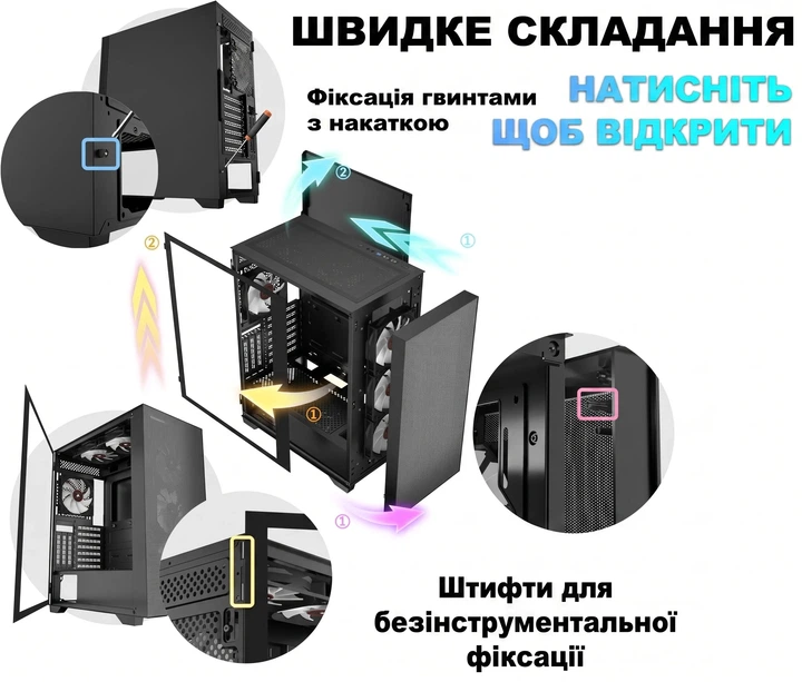 Корпус KEDIERS H05 / Без БП / Mid Tower / 6 ARGB PWM Fans / Стекло на петлях / ATX / Black - изображение 6