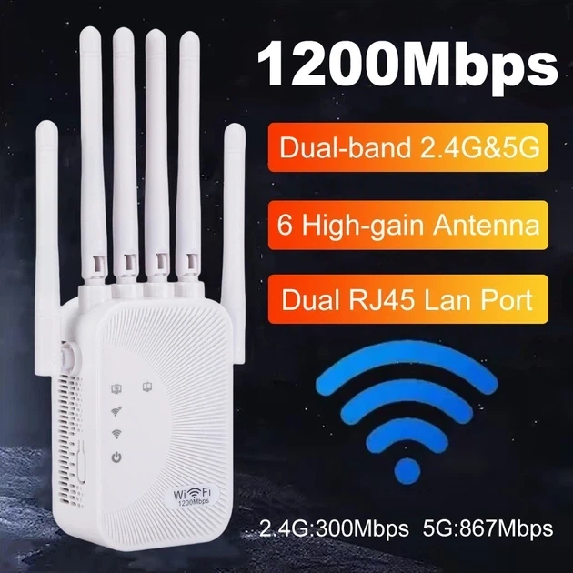 Ретранслятор Wi-Fi 2.4G/5G 1200 Мбіт/с з 6 антенами, підсилювач сигналу бездротової мережі, білий - зображення 4