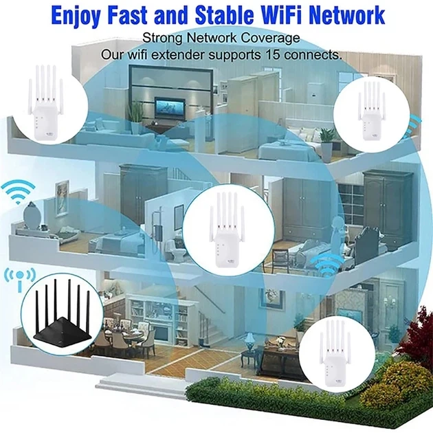 Ретранслятор Wi-Fi 2.4G/5G 1200 Мбіт/с з 6 антенами, підсилювач сигналу бездротової мережі, білий - зображення 5