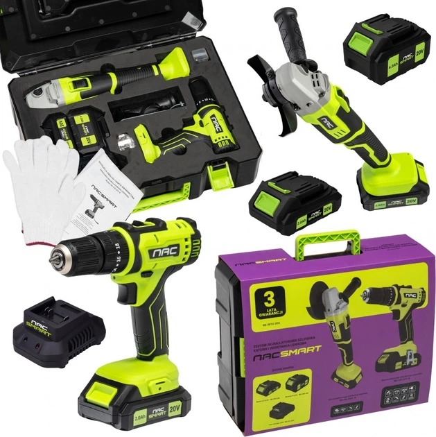 Zestaw Nac SMART NS-SET2-20V wkrętarka akumulatorowa + szlifierka kątowa + 2 x akumulator + szybka ładowarka 20 V (5905842533387) - obraz 2