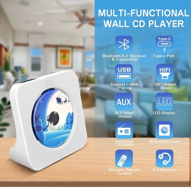 CD плеер Bluetooth колонка USB AUX FM радио с динамиками музыкальный проигрыватель от сети настенный монтаж для дома с пультом Type-C от сети - изображение 5