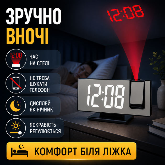 Настольные LED-часы с проекцией времени на потолок, будильником и термометром большие цифры для спальни черный от сети USB - изображение 3