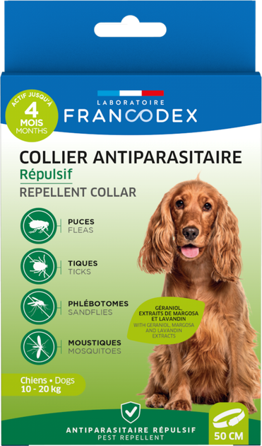 Від бліх та кліщів Francodex Laboratoire Repellent Collar Нашийник з репелентною дією від бліх і кліщів для собак середніх порід (вагою 10-20 кг) з гераніолом 50 см (175473) - Фото 1 Від бліх та кліщів Francodex Laboratoire Repellent Collar Нашийник з репелентною дією від бліх і кліщів для собак середніх порід (вагою 10-20 кг) з гераніолом 50 см (175473) - зображення 1