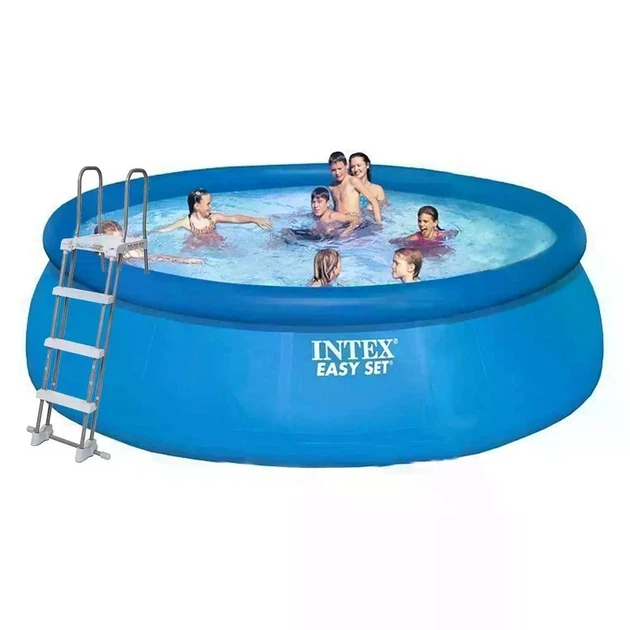 Басейн надувний Intex 26168-1 круглий 457х122 см на 14141 л з ПВХ, з драбиною для плавання, тентом від сонця, підстилкою на дно, синій кольор для літнього відпочинку - изображение 2