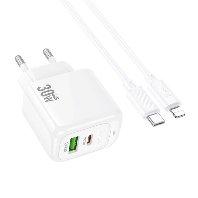 Сітчастий зарядний пристрій Hoco CS55A Surplus PD30W+QC3.0 (1USB-A/1C) + кабель Type-C to Lightning White - зображення 3