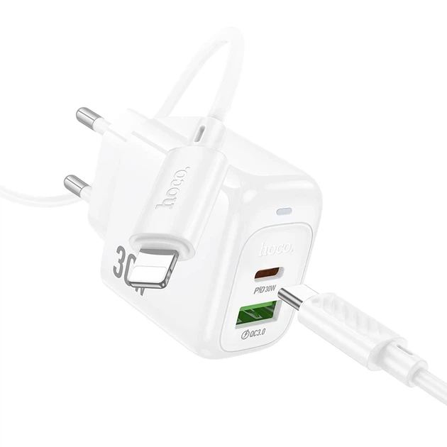 Сітчастий зарядний пристрій Hoco CS55A Surplus PD30W+QC3.0 (1USB-A/1C) + кабель Type-C to Lightning White - зображення 4